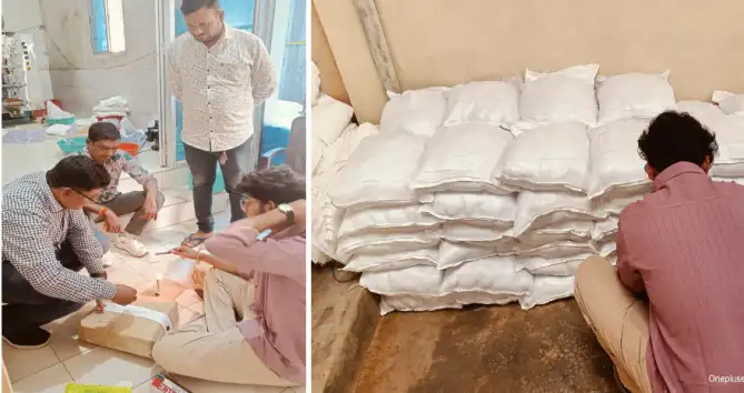 बिना बैच नंबर के 80 बोरी पानी पाउच को किया गया सीज, जाँच के लिए लिया नमूना