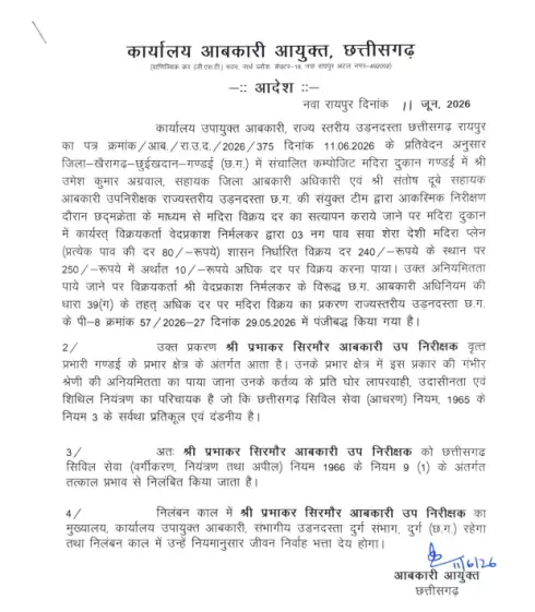 Excise sub-inspector Prabhakar Sirmour suspended in Gandai liquor shop overrating caseगंडई शराब दुकान में ओवररेटिंग मामला, आबकारी उप निरीक्षक प्रभाकर सिरमौर निलंबित🔴 गंडई शराब दुकान में ओवररेटिंग का मामला उजागर, आबकारी उप निरीक्षक प्रभाकर सिरमौर निलंबित। 🔴 राज्य स्तरीय उड़नदस्ता की जांच में निर्धारित दर से अधिक कीमत पर शराब बिक्री की पुष्टि। 🔴 240 रुपये की शराब 250 रुपये में बेचने पर विक्रेता वेदप्रकाश निर्मलकर के खिलाफ मामला दर्ज। 🔴 कर्तव्य में लापरवाही और कमजोर निगरानी के आरोप में आबकारी उप निरीक्षक पर कार्रवाई। 🔴 आबकारी आयुक्त ने प्रभाकर सिरमौर को तत्काल प्रभाव से किया निलंबित। 🔴 छत्तीसगढ़ आबकारी अधिनियम की धारा 39(ग) के तहत विक्रेता पर प्रकरण दर्ज। 🔴 गंडई कम्पोजिट मदिरा दुकान में ओवररेटिंग पर आबकारी विभाग की बड़ी कार्रवाई।